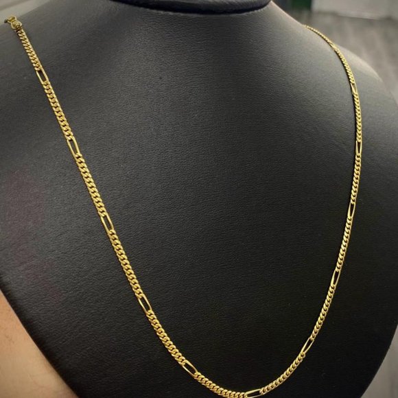 18K Yellow Solid Gold Figaro Cuban Curb Chain 26" Inches for Mens Cadena De Oro - Picture 2 of 4